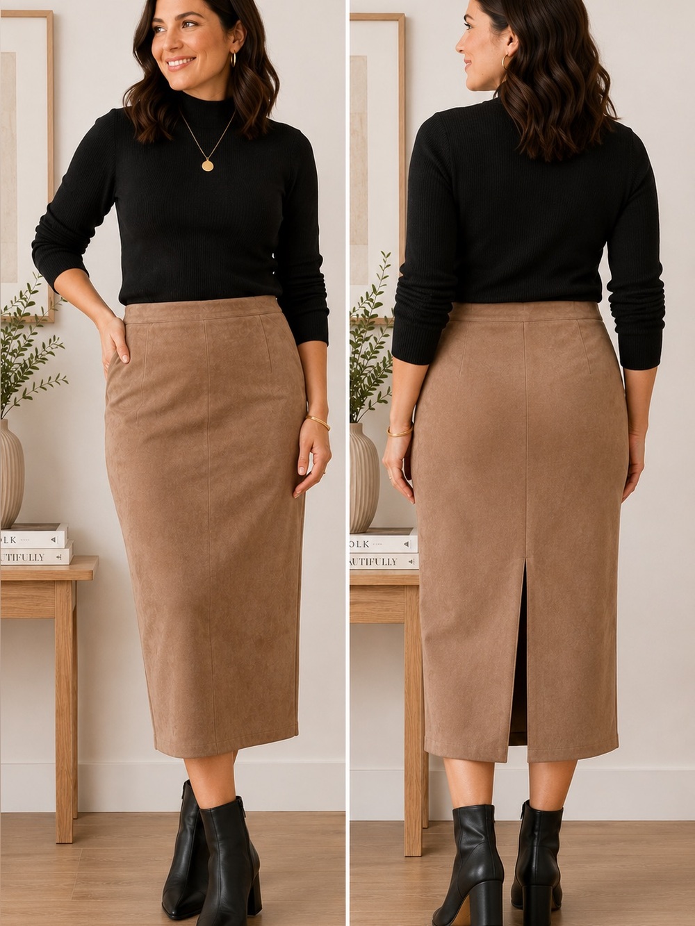 Taylor Faux Suede Midi Pencil Skirt Taupe Brown Size 14